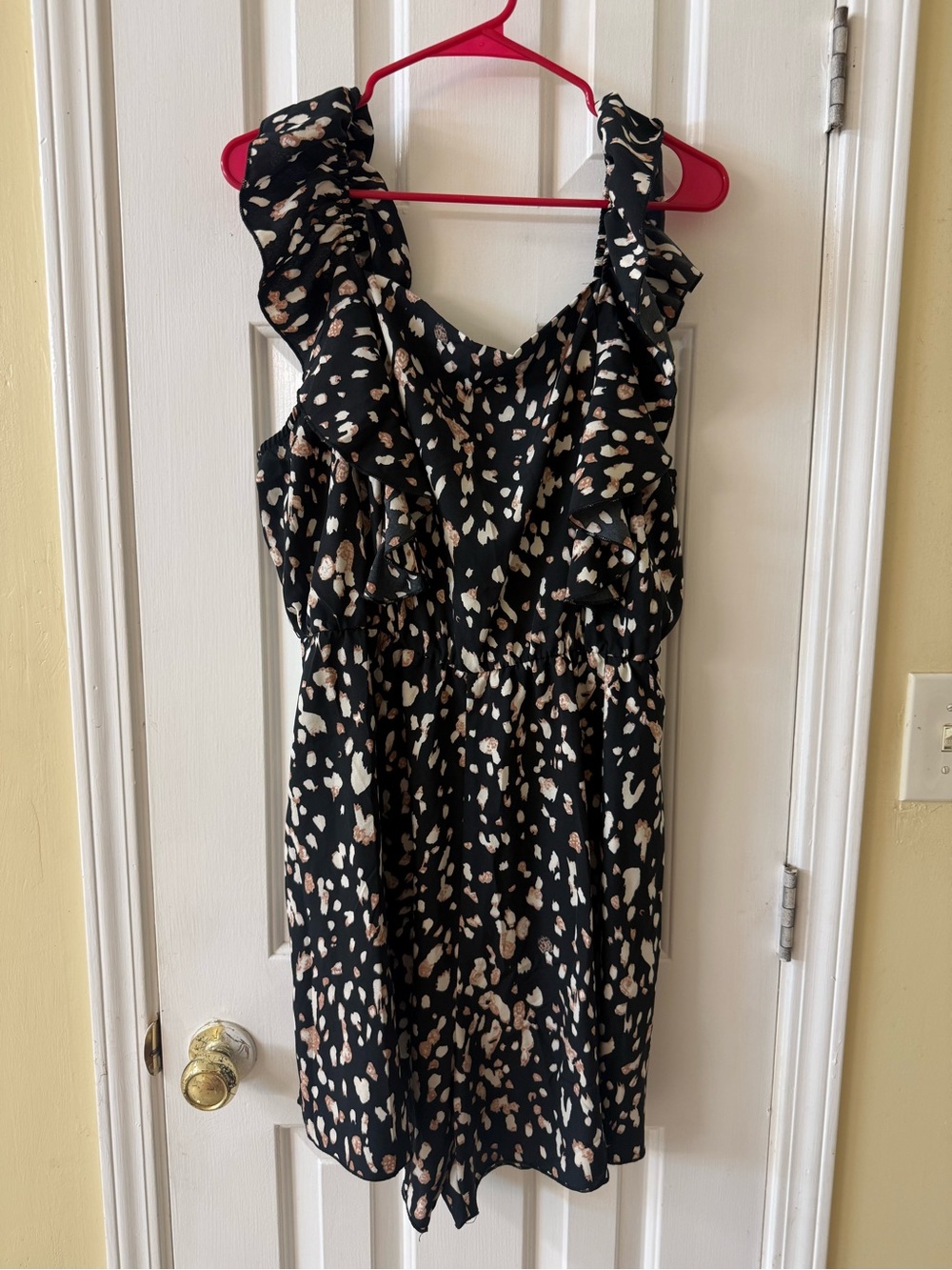 SHEIN Ruffled Black Animal Print Romper with Tan Spots